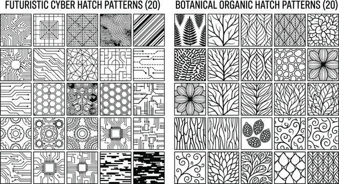 Set of forty futuristic cyber and botanical organic hatch patterns for architectural design and creative graphic illustration in black and white vector art style
