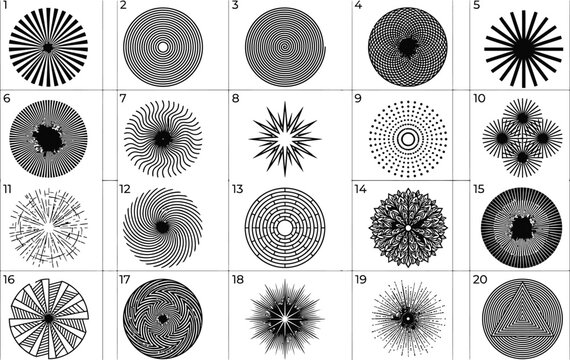 Collection of twenty radial hatch patterns and circular geometric line art designs for hypnotic visuals and abstract graphic design projects in monochrome black ink