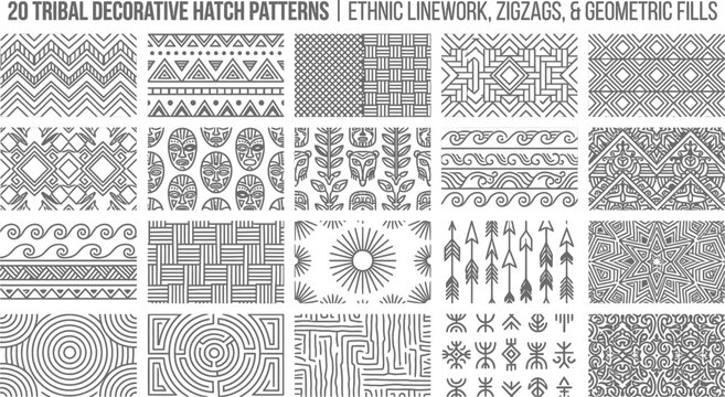 Twenty tribal decorative hatch patterns featuring ethnic linework and geometric fills for creative artistic design and cultural pattern background illustrations