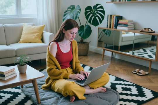Young woman working on laptop while sitting on floor at home, managing remote tasks and online communication. Ideal for remote work, freelance, productivity concepts