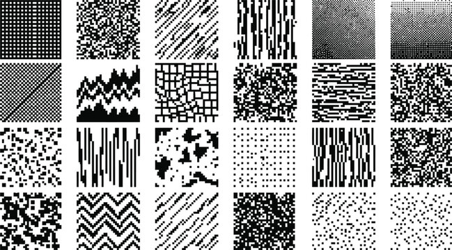 Twenty digital noise and pixelated hatch patterns featuring abstract halftone and glitch effects for modern tech graphic design and high contrast background art