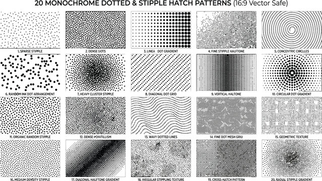 Twenty monochrome dotted and stipple hatch patterns for technical shading and halftone effects featuring dense pointillism and geometric dot grids in vector format