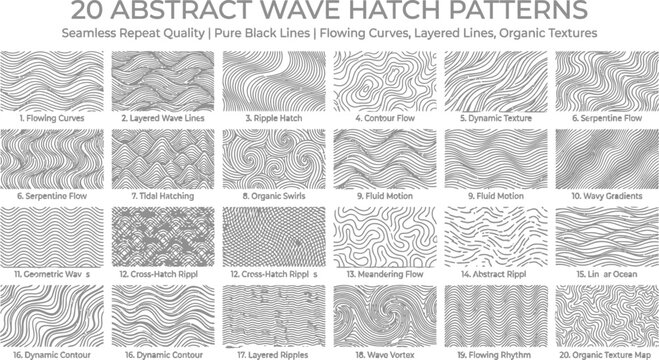 Twenty seamless abstract wave hatch patterns with flowing curves and organic layered lines for fluid motion design and creative digital background textures in vector format
