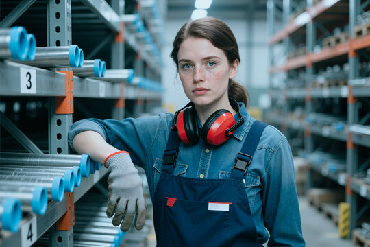 Portrait of young adult Caucasian woman standing in warehouse aisle, working in industrial inventory management and logistics operations. For supply chain staffing or manufacturing
