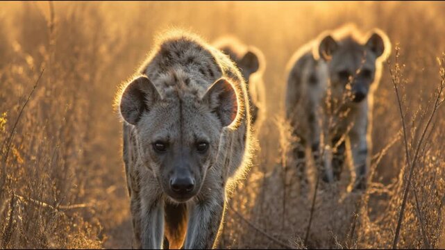 A pack of spotted hyenas stalks forward through dry golden savanna grass during a cinematic sunset, showcasing the stealthy and powerful nature of these African predators on the plains.