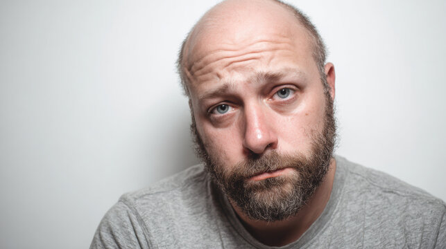 Close-up portrait of sad bald man with anxiety expression and full beard on plain white background
