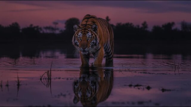 A majestic tiger stands motionless in a tranquil mirror like lake at twilight while its fur gently flows in the breeze, creating a stunning reflection on the purple water surface.