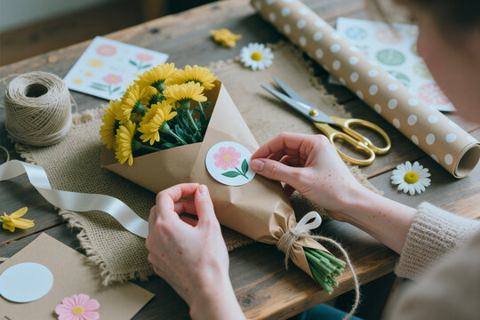 Close up of young adult woman hands wrapping flower bouquet with paper and label, creating handmade gift packaging for seasonal retail, florist branding, vertical