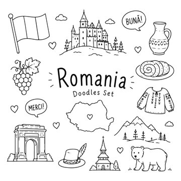 Romania doodles set. Hand drawn vector doodle set on white background