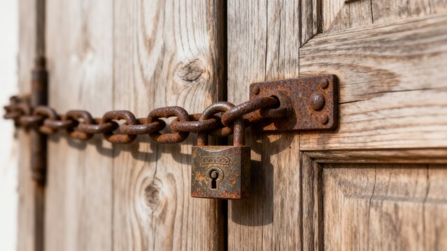 Rusty chain and padlock on wooden door