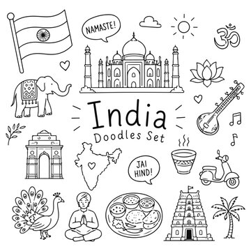 India doodles set. Hand drawn vector doodle set on white background