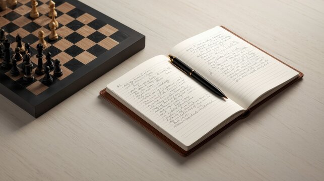 Strategic planning concept with chessboard and notebook on wooden desk for business strategy and problem solving