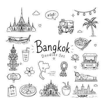 Bangkok doodles set. Hand drawn vector doodle set on white background