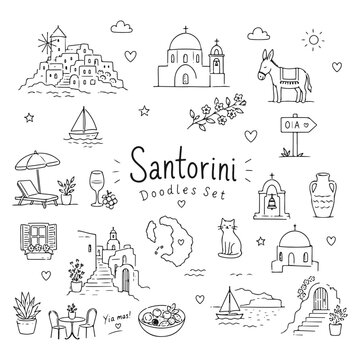 Santorini doodles set. Hand drawn vector doodle set on white background