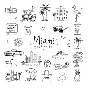 Miami doodles set. Hand drawn vector doodle set on white background