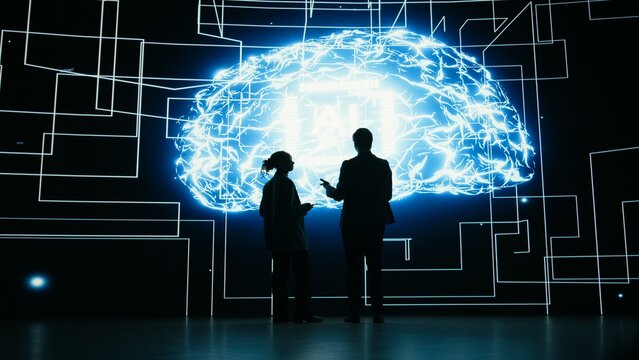Engineering team implements digital guardrails on autonomous AI agent to limit risk, Teamworking tech startup colleagues apply artificial intelligence safety constraints, brainstorming, camera A.