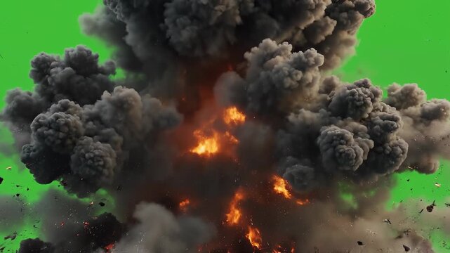 Massive explosion with fire, smoke, and debris on green screen background