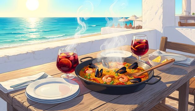 Comida mediterr&aacute;nea en terraza frente al mar con sart&eacute;n de arroz y bebidas rojas al sol