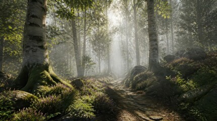 Misty ancient woodland path winding through tall silver barked trees in a serene forest landscape, offering a cinematic wide angle view of nature at its most peaceful and enchanting morning hour.