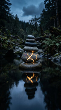 A stack of smooth, balanced river stones on a reflective dark water surface. One of the stones is slightly cracked but glows with an internal soft gold light. Represents resilience and balance. 