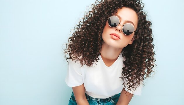 Mujer con gafas de sol y cabello rizado posando sobre fondo claro con estilo moderno