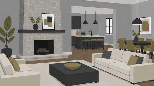 Wide angle flat design illustration of an open plan lounge, featuring modern interior architecture with a stone fireplace, sleek kitchen, and dining area, rendered in high resolution for cgi displays.