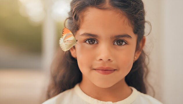 Ni&ntilde;a con una mariposa posada en el rostro en retrato al aire libre con luz natural