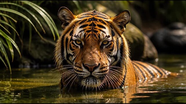 Majestic tiger stands partially submerged in a tranquil jungle pool with its whiskers and eyes visible, creating a serene and powerful scene in the heart of the tropical rainforest environment.