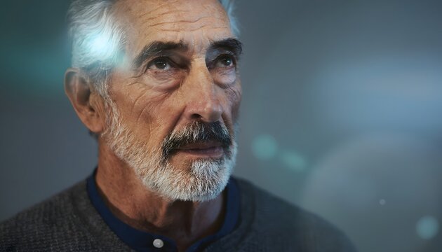Retrato de hombre mayor con barba mirando pensativo a trav&eacute;s de una ventana con fondo desenfocado