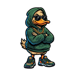 Obraz premium Cool hip hop duck character wearing a green graffiti hoodie and dark sunglasses with gold chain in this sharp vibrant vector graphic illustration for urban designs