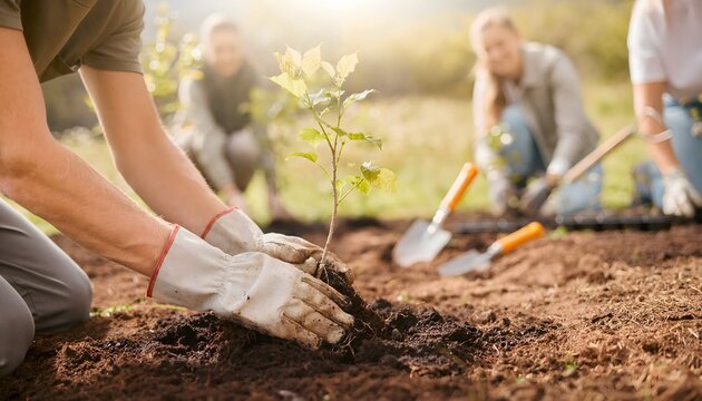 Voluntarios plantando un &aacute;rbol joven en la tierra durante una actividad de reforestaci&oacute;n al aire libre