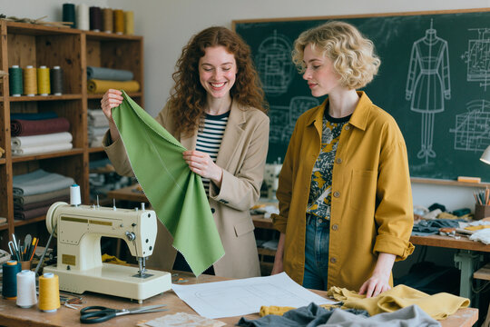 Young adult Caucasian women examining fabric and discussing garment pattern in fashion workshop, supporting apparel design training and creative small business marketing
