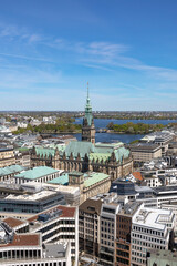 Obraz premium Aerial view of Hamburg's iconic skyline captured from St. Nikolai Church ruins.