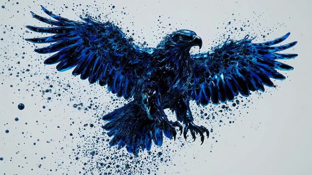 Surreal flying eagle formed by metallic liquid mercury and sapphire blue fluid splashes