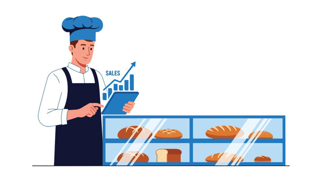 A flat vector illustration shows a male baker wearing a blue chef hat and apron using a digital tablet to monitor a rising sales growth chart behind a bakery glass display counter filled with bread lo