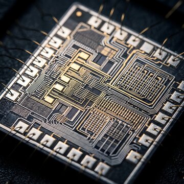 Extreme Macro of Exposed Microchip Die With Gold Wire Bonds and Intricate Circuit Traces Showing Detailed Semiconductor Architecture in Decapped Integrated Circuit Package on Dark Substrate