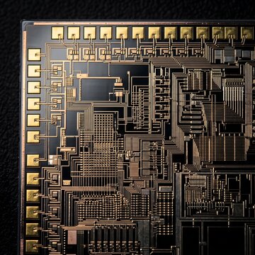 Extreme Macro of Exposed Microchip Die With Gold Wire Bonds and Intricate Circuit Traces Showing Detailed Semiconductor Architecture in Decapped Integrated Circuit Package on Dark Substrate