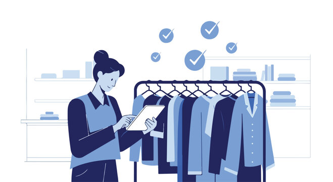 A monochrome blue vector illustration shows a store worker managing apparel stock with a digital tablet next to a clothing rack with floating checkmark icons.