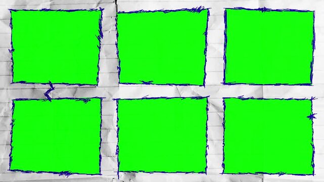 Hand drawn split screen grid mockup template six green screen panels and animated blue doodle borders on crumpled paper 