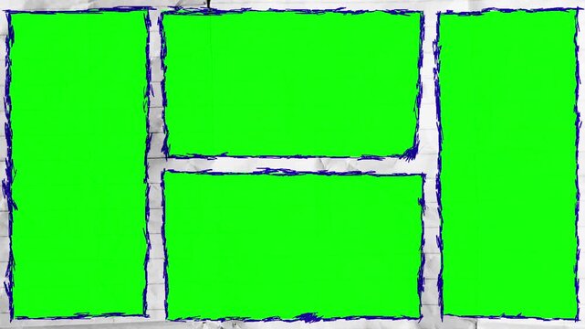 Hand drawn split screen mockup template green screen panels and animated blue sketch borders on crumpled paper 
