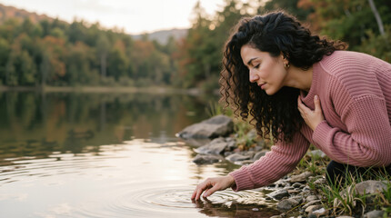 Fototapeta premium Woman touching water surface of a lake in autumn. Young female with curly hair in pink sweater by forest lakeside. Connection with nature and mindfulness concept. Copy space for text