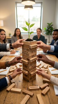 Diverse business team building tower with blocks labeled sustainability and growth. Small green plant sprout on top of wooden structure. Concept of corporate social responsibility.