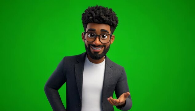 3D animated man with a beard and glasses smiling warmly while gesturing toward an empty space for presentation purposes on isolated background