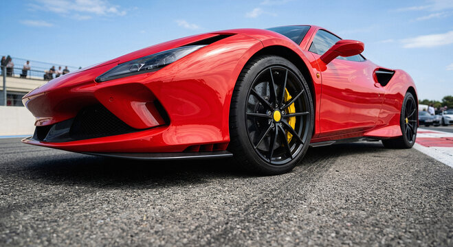 Red sports car parked on a professional race track. Luxury supercar vehicle for high speed driving and road racing. Automotive engineering design concept for modern car exhibition.