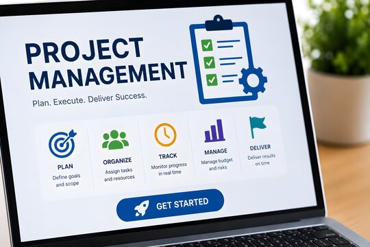 Laptop displaying a project management dashboard for the concept of business organization and planning.