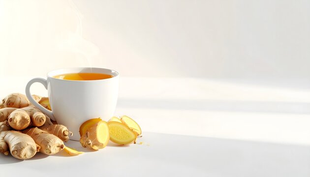 Hot ginger tea in white mug with fresh root, AI generated digital art still life, wellness and immunity concept, horizontal, copy space