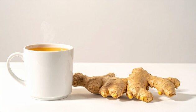  Steaming hot ginger tea in white ceramic mug with fresh ginger root on white background, wellness and natural remedy concept &mdash; AI generated, horizontal