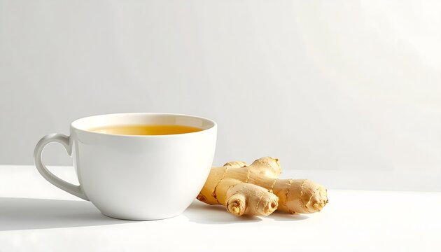 Hot ginger tea in white ceramic mug with fresh ginger root on white background, wellness and natural remedy concept &mdash; AI generated