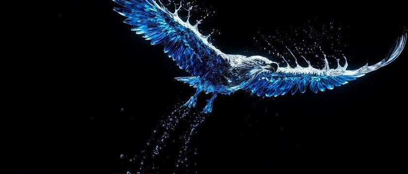 Surreal flying eagle formed by metallic liquid mercury and sapphire blue fluid splashes