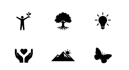 Obraz premium Set of nature and environment icons including tree, light bulb, butterfly, mountain, and human with plant
